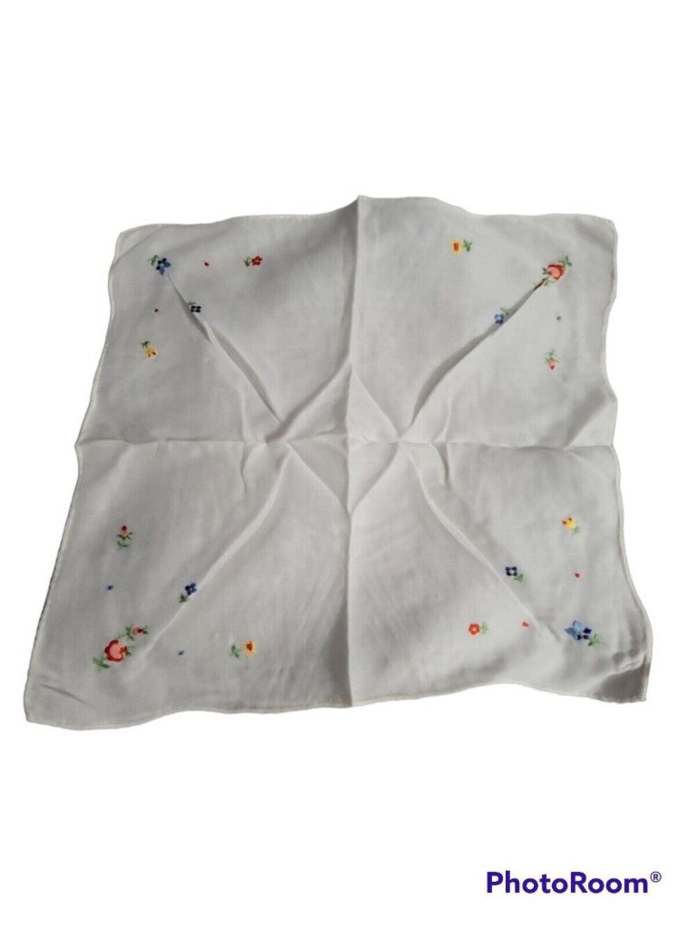 White Linen Handkerchief 10in Square Blue Red Yellow Floral Embroidery Vintage